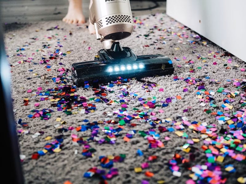 Cleaner vacuuming the living room of an NYC apartment during a standard cleaning